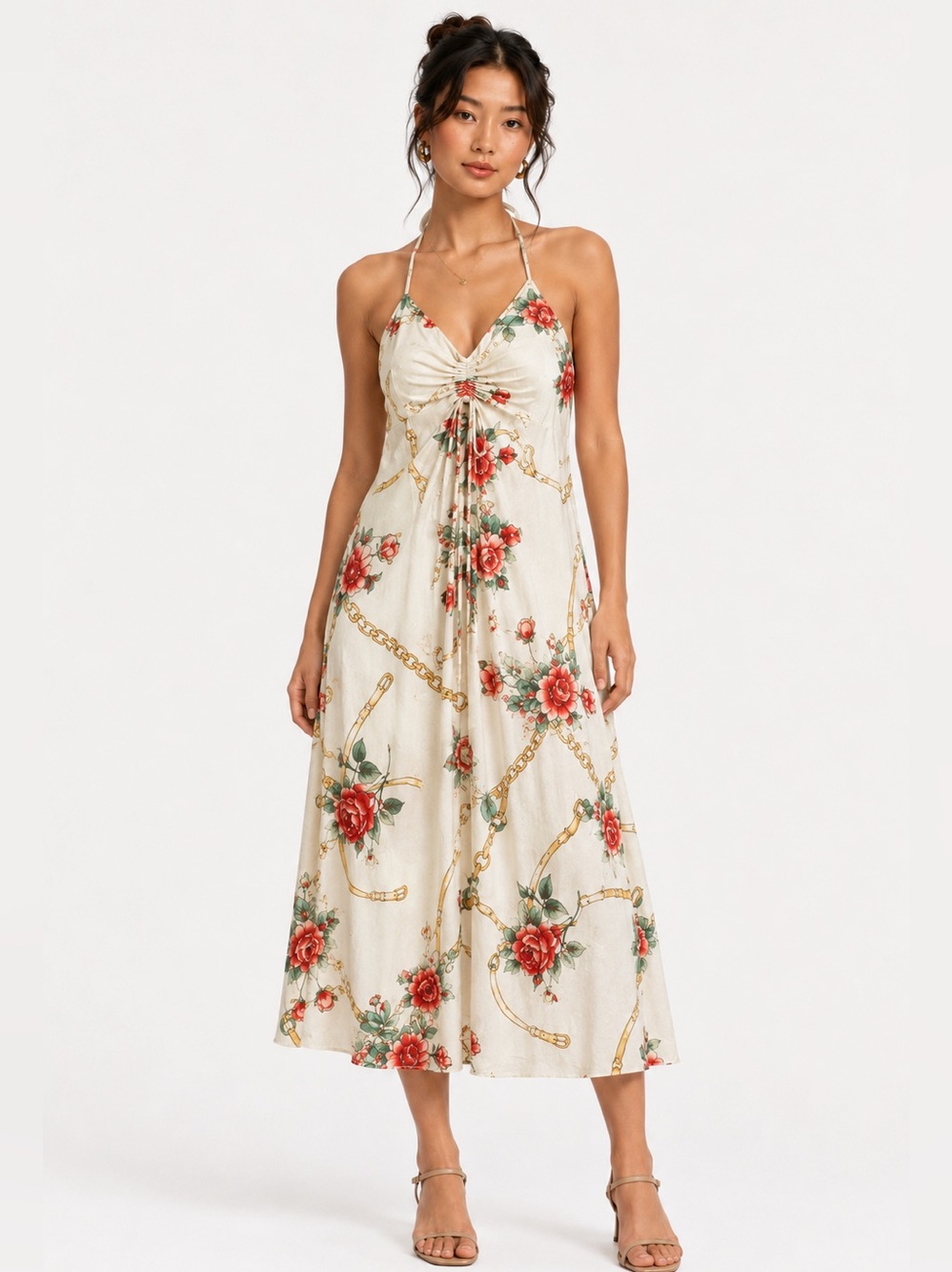 Monteau Dress Horse Bit Floral Print Maxi Cream Western Equestrian Cowgirl Sze M